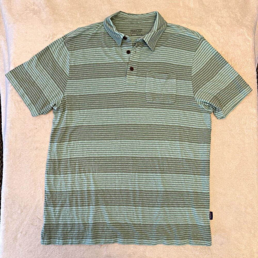 Patagonia Polo Shirt Men L Green/Gray Striped Short Sleeve Hemp Organic Cotton